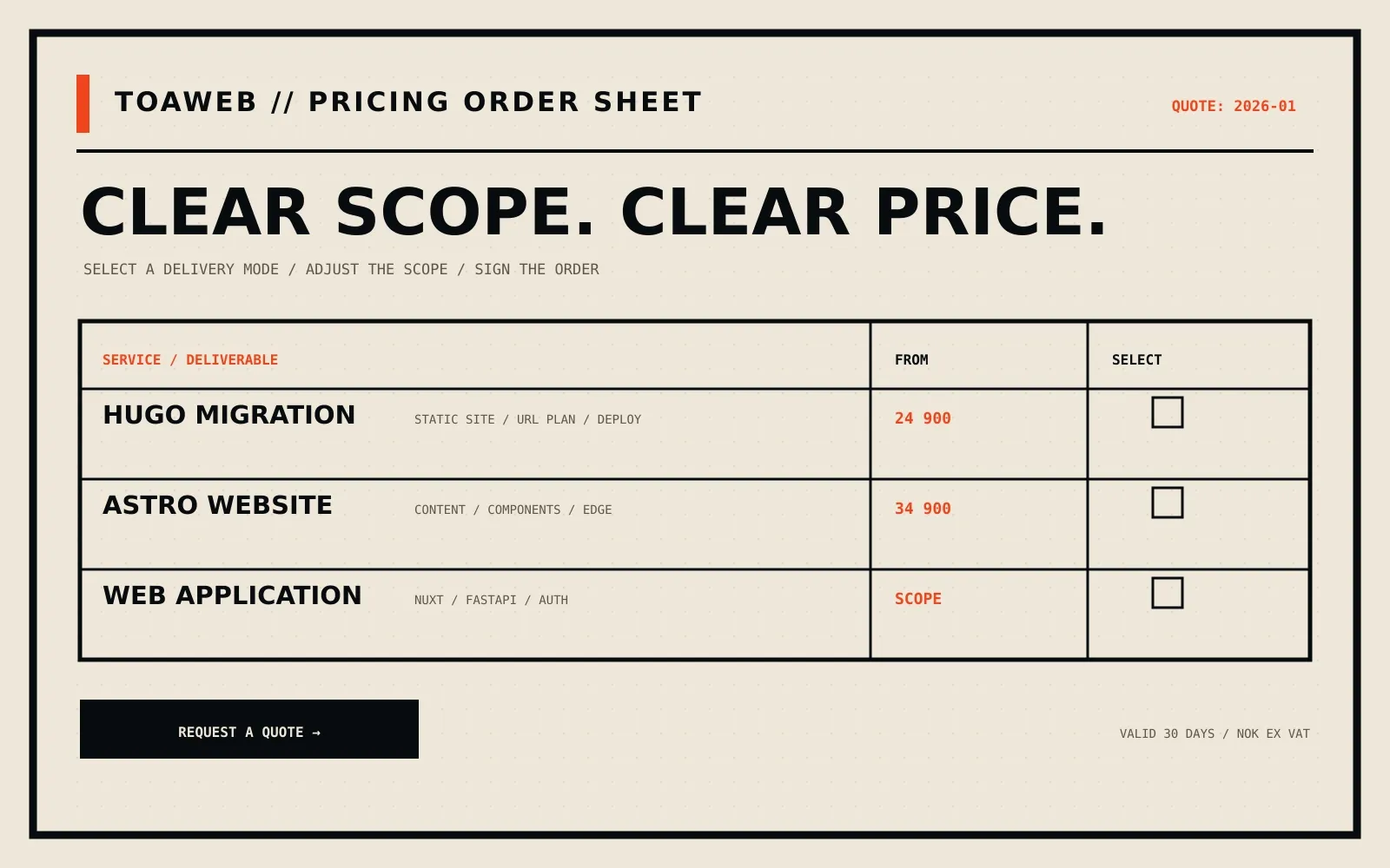 Brutalist order sheet graphic for TOAWEB pricing and project scope.